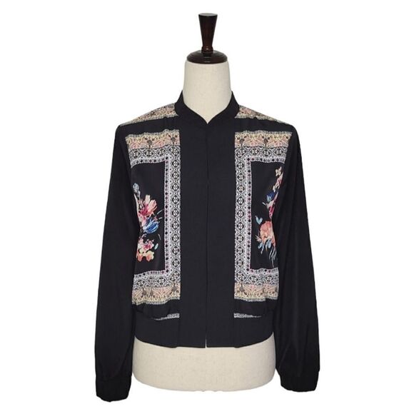 IZ Byer Black Floral Chiffon Open Bomber Style Jacket Size S - Picture 1 of 9